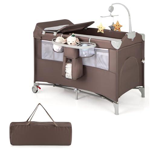 COSTWAY 4 in 1 Lettino per Bambini con Materasso, Lettino Culla da Viaggio per Neonati, Culla Neonato con Fasciatoio, Box Portatile Pieghevole, con Ruote e Borsa, 125 x 65 x 119 cm (Caffè)