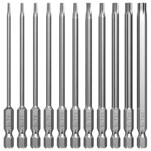 Lixiluxia 11 Pezzi Inserti per Cacciavite Torx Set, 100mm Inserti Lunghi per Avvitatore, Set di Punte per Cacciavite Elettrico, T6 T7 T8 T9 T10 T15 T20 T25 T27 T30 T40, Attacco Esagonale da 1/4
