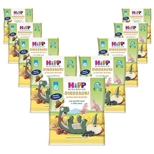 HiPP - Dinosauri ai Cereali Antichi, Snack Biologico per Bambini con Mirtilli Rossi e Ribes Nero, 9 Confezioni da 30 gr