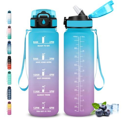 Grsta Borraccia 1 litro, Borraccia con Cannuccia, Senza Perdite, Borraccie Motivazionale, Facile da Pulire, Borracce con Orari per Bere, Bottiglie Acqua per Fitness, Campeggio, Yoga