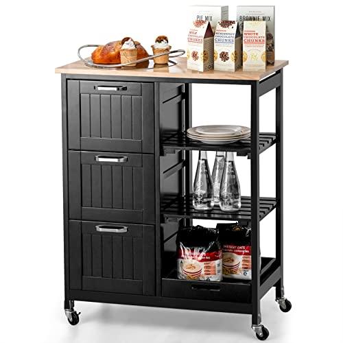 COSTWAY Carrello da Cucina con Ruote, Credenza Cucina con 4 Ripiani e 3 Cassetti, in Legno, Ideale per Cucina Ristorante e Bar, 67 x 37 x 83,5 cm (Nero)