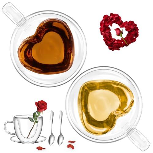 glastal 150ml Tazza da Caffè in Doppio Vetro Set di 2 Bicchieri Espresso Doppia Parete con Manico e Cucchiaio per Tè, Latte, Regalo Festa della Mamma Regalo Natale Regalo Anniversario per Coppie Lei