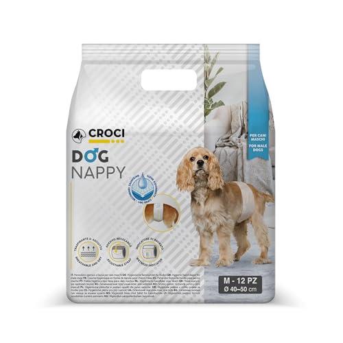 Croci Dog Nappy - Fascia Assorbente per cani maschi, taglia M - Ø 40-50 cm, Mutanda pannolino igienico pipi cane, Antiodore, Usa e getta, Chiusura adesiva regolabile, 12 pz