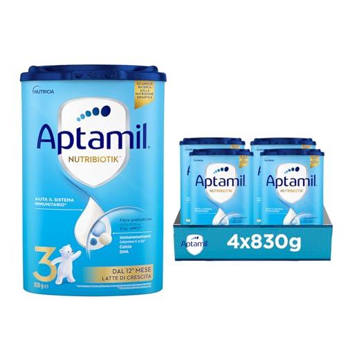 APTAMIL Nutribiotik 3 - Latte di Crescita in Polvere per Bambini dai 12 mesi - Confezione da 3320 grammi (4 confezioni da 830g)
