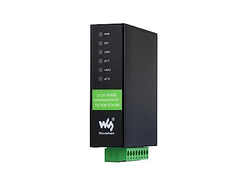 Waveshare 2-Ch RS485 To POE Ethernet Serial Server, 2-Channel RS485 Independent Operation, 2x POE Ethernet Port, Rail-Mount Industrial Isolated Serial Module, Bidirectional Transparent Transmission