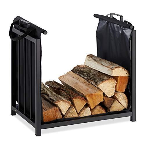 Relaxdays Scaffale Portalegna con Borsa da Trasporto, HLP: 50x51x37 cm, Legna da Ardere, Stufa e Camino, Interni, Nero, 50 x 51 x 37 cm