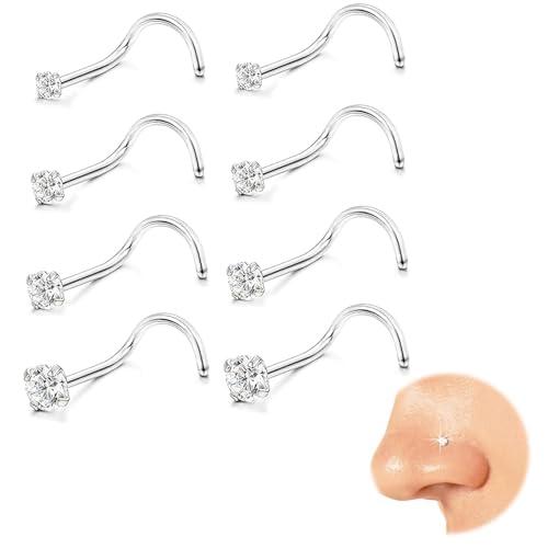 Kabwea 8 pezzi 316L perno per piercing al naso, acciaio chirurgico, ipoallergenico, perno per naso, piercing al naso, piercing alla narice, 1,5 mm, 2 mm, 2,5 mm, 3 mm