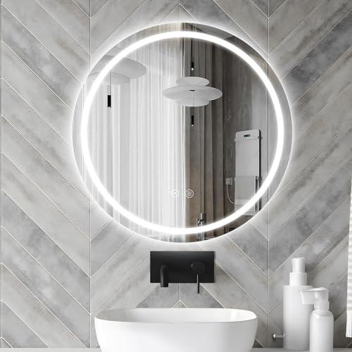Sunrik LED Specchio Rotondo 50cm per Bagno con Illuminazione a 3 Colori Dimmable, Funzione Memoria e Interruttore Touch, IP44 Risparmio Energetico