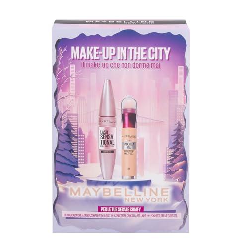 Maybelline New York Confezione Regalo con Pochette, Con Correttore e Mascara, Collezione di Natale Make Up in the City 2025, Mascara Ciglia Sensazionali Black, Cancella Età 01 Light