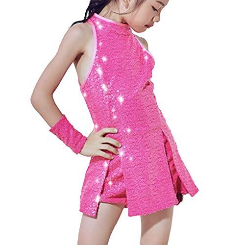 LOLANTA Costume da Ballo per Ragazze con Paillettes Costume da Ballo Hip-Hop Abbigliamento da Ballo per Bambini, RoseRed, 8-9 Anni, 140