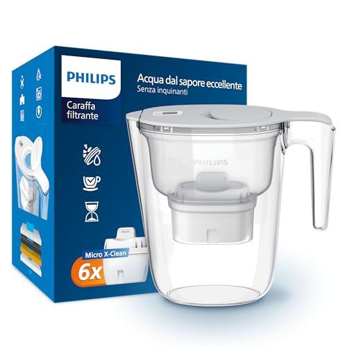Filtro caraffa Philips +6 cartucce filtranti di ricambio Micro X-Clean, flusso rapido, bianco, 2,6 litri, timer elettronico