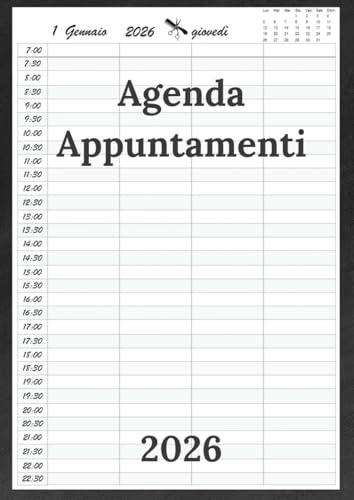 Agenda appuntamenti 2026: Parrucchieri 2026 giornaliera | Un giorno per pagina | 12 mesi italiano da gennaio a dicembre 2026 Intervalli di 30 minuti A4.