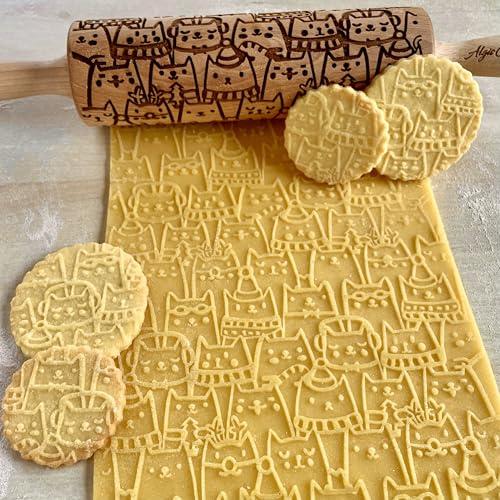 GATTI DI NATALE Mattarello Decorativo per Biscotti | Mattarello Inciso | Rullo per Biscotti e per Modellare | Mattarello Natalizio | Mattarello Legno Goffrato di Algis Crafts
