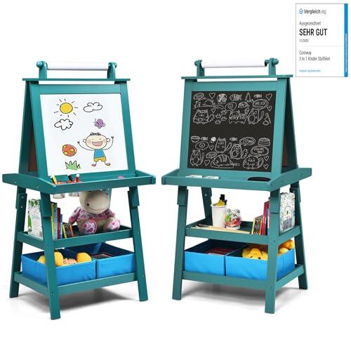 COSTWAY 3 in 1 Cavalletto per Bambini con Doppia Faccia, Cavalletto per Disegno con 2 Vassoi e 2 Scatole, Lavagna Bambini in Legno (Blu)