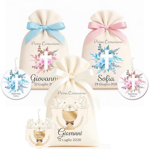Sacchetti Prima Comunione Personalizzati – Set 10 Pz con 10 Bigliettini Abbinati – Bomboniere Portaconfetti con Nome e Data – Fiocco Bianco/Rosa/Celeste – Ricordo Cerimonia Bimbo/Bimba – Made in Italy