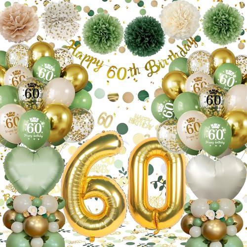 Palloncini 60 Anni Compleanno Verde Oro,Decorazioni 60 Anni Compleanno Donna Uomo,Festone Happy 60th Birthday,Palloncino Cuore,Pompons, 60 Anni Decorazioni Festa Compleanno