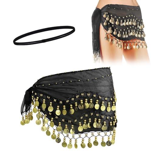 Rakiuty Foulard di Danza del Ventre Ai Fianchi, Cintura, Gonna Moneta d'oro, Sciarpa All'anca Con 1 Cerchietto, Nero