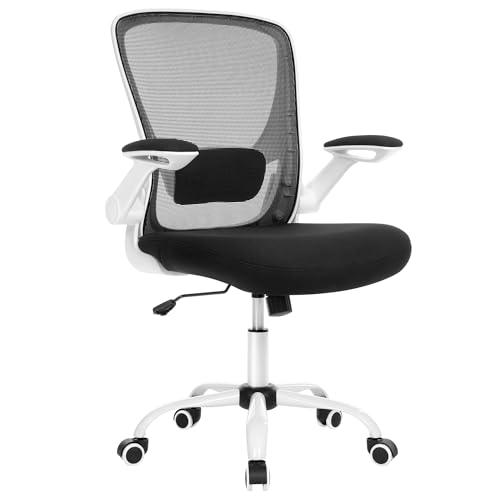 SONGMICS Sedia da Ufficio Girevole, Sedia di Rete da Computer Ergonomica, Supporto Lombare, Oscillante, Seduta 53 cm, Braccioli Pieghevoli, Bianco e Nero OBN37WT