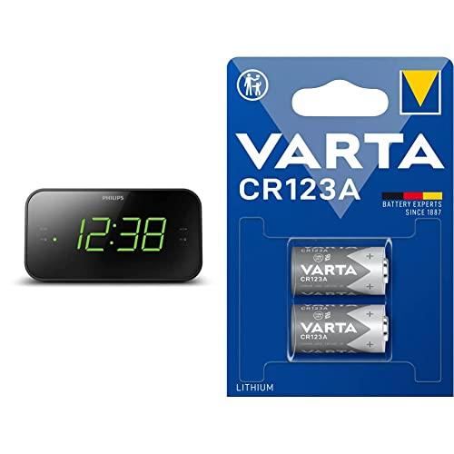 PHILIPS Sveglia con Radio e Display da Letto, Radio Digitale con Doppio Allarme & Batterie Varta Electronics CR123A Batteria al litio pacco da 2 in confezione originale da 2