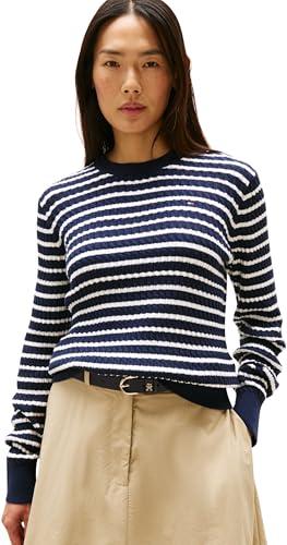Tommy Hilfiger Donna Pullover Cable Fine Motivo a Trecce, Multicolore (Dark Night Navy/Ivory Silk STP), S