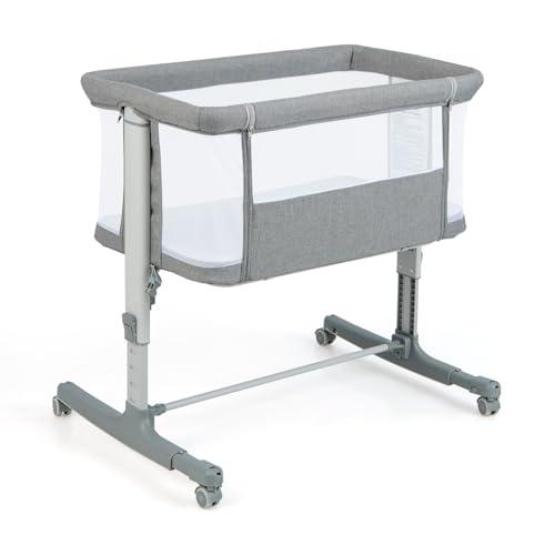 COSTWAY 3 in 1 Culla Neonato Fianco Letto, Lettino Neonato Dondolo con Materasso, Culla Co-Sleeping Fino a 9 kg, Altezza Regolabili, 84 x 59,5 x 80,5cm (Grigio)