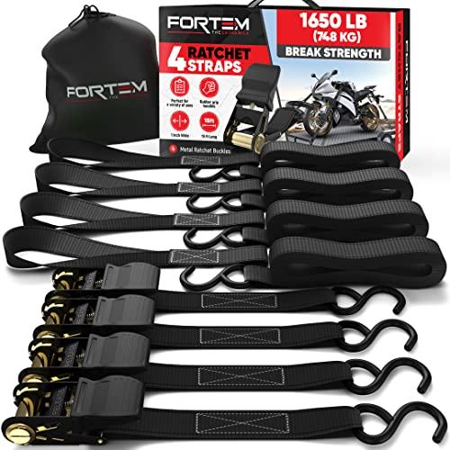 FORTEM Cinghie a Cricchetto, Resistenza fino a 748 Kg, Set da 4 Cinghie di Fissaggio da 4,57 m, 4 Maniglie Morbide, Cinghie Fissaggio per Moto, Ganci in Metallo Rivestiti, Custodia Inclusa (Nero)