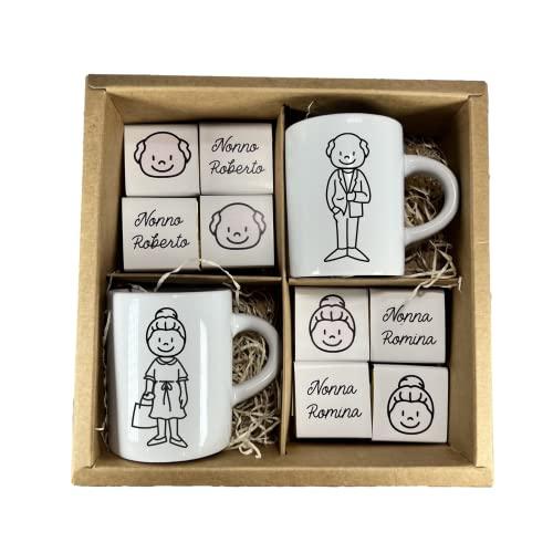 Set 2 Tazzine da Caffè Espresso Personalizzate con Nomi e 24 Cioccolatini – Idea Regalo Festa dei Nonni, Nonna e Nonno – Scatola Regalo Speciale