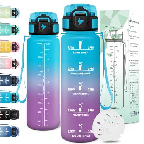 Motswedi Borraccia 1 litro, a Prova di Perdite, Borraccia Motivazionale, Riutilizzabile, Bottiglia Acqua, Senza BPA, Borracce, per Palestra, Ufficio, Sport, Ciclismo, Running, Blu Viola