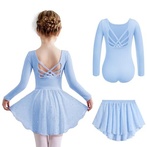 Arshiner Abiti da Balletto Ragazze Abiti da Balletto a Maniche Lunghe Abiti da Ballo in Cotone Abito da Balletto Body da Balletto per Bambini con Gonna in Tulle Blu 5-6 Anni