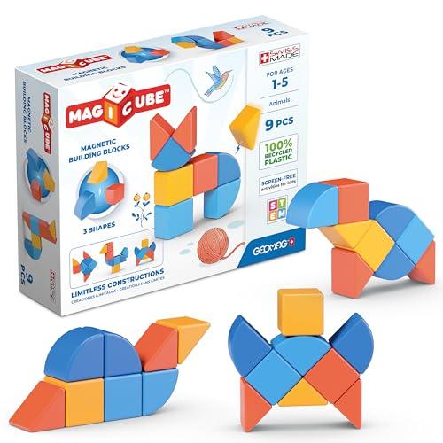Geomag - Magicube 1+ Shapes - Blocchi Magnetici per Bambini - 3 Colori e Forme - Confezione da 9 Cubi - 100% Plastica Riciclata
