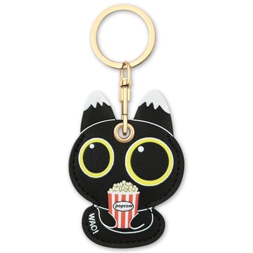 AXFEE Airtags Portachiavi in PU Pelle, Porta Air Tag per GSP Apple, Airtag Cover per Chiavi Zaini e Animale, Portatile, Anti-graffio, Mantiene un Segnale Forte - Gatto nero