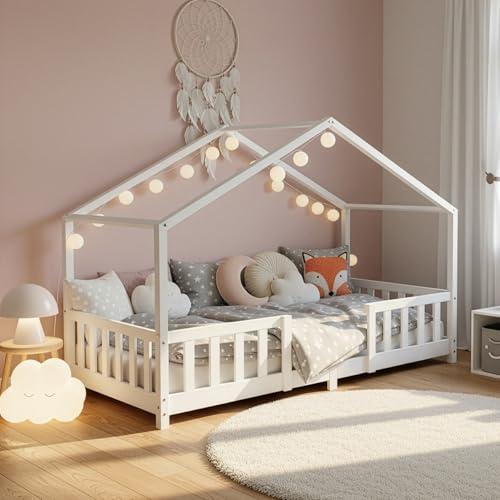 [en.casa] Letto per Cameretta a Forma di Casetta con Barriera di Protezione Letto Singolo per Bambini Struttura in Legno di Pino 80 x 160 cm Bianco