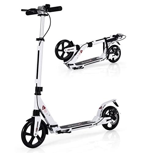 GYMAX Monopattino Spinta per Bambini 8+ Anni, Pieghevole e Portatile, Regolabile a 3 Altezze 86,5-101 cm, Manubrio con Campanello e Freno, in Alluminio, Grandi Ruote di 20 cm, Carico di 100 kg, Bianco