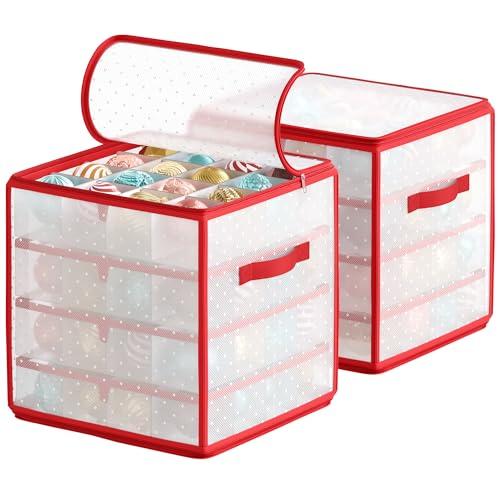 SONGMICS Contenitori per Palline di Natale, Scatole per Decorazioni Natalizie, Set di 2, 128 Posti da 7,6 cm, Vassoi Rimovibili, 33,5 x 33,5 x 34 cm, Rosso Ciliegia RFB029T02