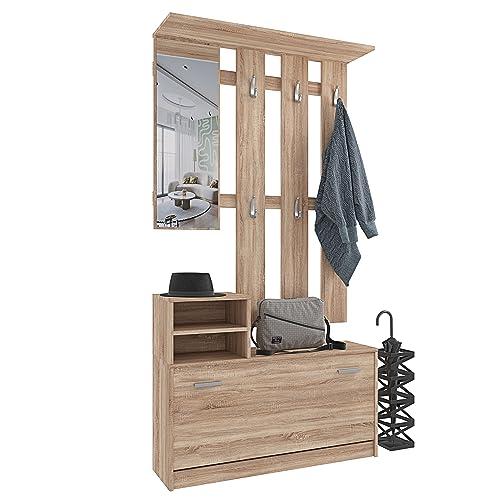 EGLEMTEK Set Di Mobili Da Ingresso Mobile Corridoio Con Specchio Scarpiera 6 Ganci Appendiabiti Guardaroba Arredo Arredamento Corridoio Entratina Design Moderno Parades 160 x 100 x 24 Cm Rovere