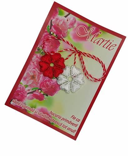Martisor, Martenitsa, Martisoare.Martakia. Martis. Baba Marta. Spring amulet. Romania. Moldova. Bulgaria. Crocheted flowers red and white thread.