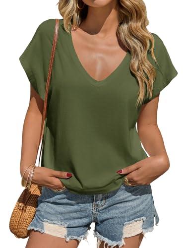 Tankaneo - Maglietta da donna con scollo a V profondo, a maniche corte, casual, estiva, basic, t-shirt, top, tinta unita, verde militare, XL