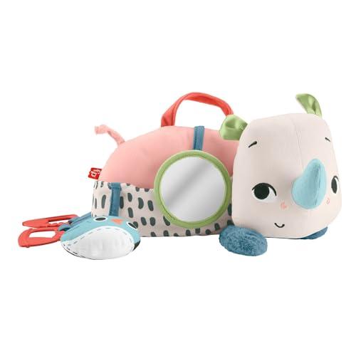 Fisher-Price - Baby Rino Giochi sul Pancino, morbido peluche in tessuto del rinoceronte Amici del Pianeta con accessori per le attività sensoriali inclusi, giocattolo per bambini, 0+ anni, HYR55