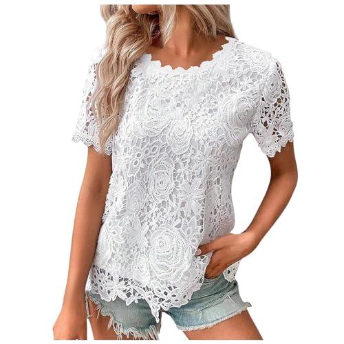 Top donna in pizzo uncinetto girocollo manica corta moda estate casual t-shirt casual bonprix, bianco, XXL