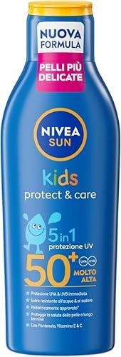 NIVEA SUN Kids Protect & Care SPF 50+ 200 ml, Crema solare 50 bambini 3+ anni per la pelle delicata, Protezione solare 50 bambini extra resistente all'acqua e al sudore con Pantenolo, Vitamina C & E
