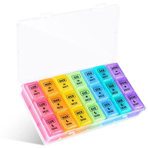 Opret Portapillole Settimanale ITALIANO 7 Giorni Pill Box Giornaliero 21 Scomparti Grande Stampa per Gli Anziani Viaggio Uso domestico