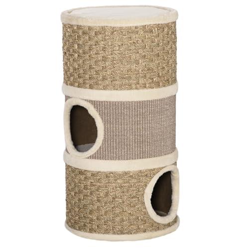 PawHut Casetta Cuccia per Gatti Tiragraffi a Torre con 3 Nicchie, Corda in Sisal e Alga Marina, Bordo Peluche, Khaki e Marrone