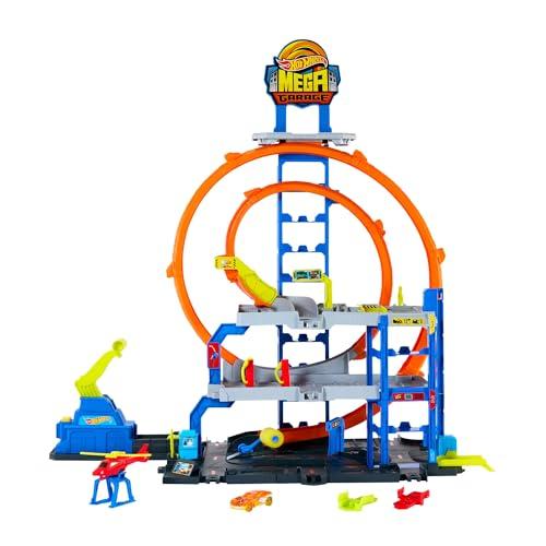 Hot Wheels - Mega Garage, Set Pista con 3 Livelli di Gioco e 2 Loop, macchinina ed Elicottero Inclusi, adattatori Speed Snap e Spazio per riporre 37 Veicoli, Giocattolo per Bambini, 4+ Anni, JLC05