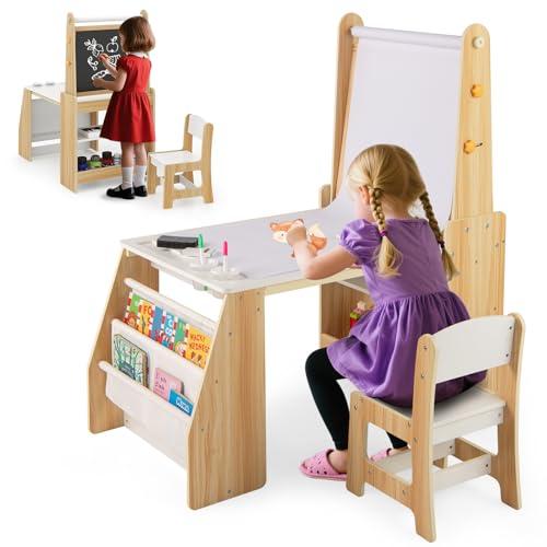 COSTWAY Set Tavolo e Sedia per Bambini, Tavolo in Materiale Sicuro con Lavagna e Sedia, Lavagna Bianca, Rotolo di Carta, 2 Ripiani Aperti e Libreria a 2 Ripiani, Ideale per Disegno (Naturale)