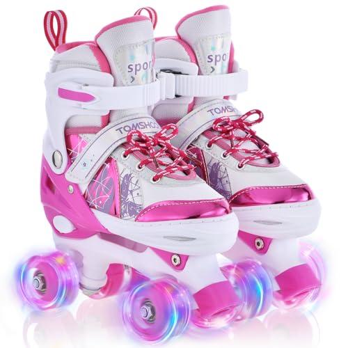 TOMSHOO Pattini a Rotelle Bambina, Regolabili 4 Ruote con Tutte Ruote LED, per Bambini Principianti