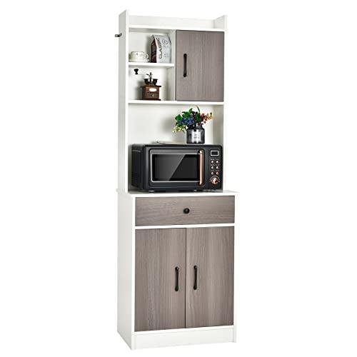 COSTWAY Credenza Alta per Cucina, Mobile da Cucina Moderno con 2 Ante e Cassetto, con Ripiani Regolabili e Foro per Cavi, Ampio Spazio Aperto per Microonde, 60 x 40 x 180 cm (Bianco)