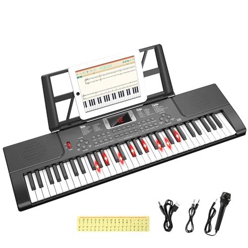 Shayson Tastiera con 61 tasti, tastiera elettronica per principianti con tasti illuminati e display LED, doppio altoparlante integrato, modalità di apprendimento, leggio (nero)