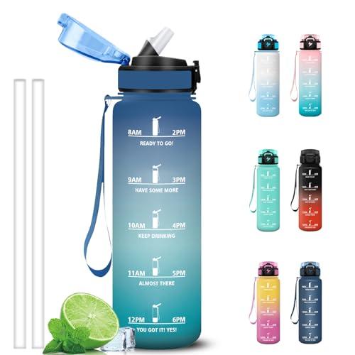 Grsta Borraccia 1 litro, Borracce con Indicatore del Tempo, Facile da Pulire, Senza Perdite Borraccia Palestra con Cannuccia, Bottiglia Motivazionale per Campeggio, Bicicletta, Trekking