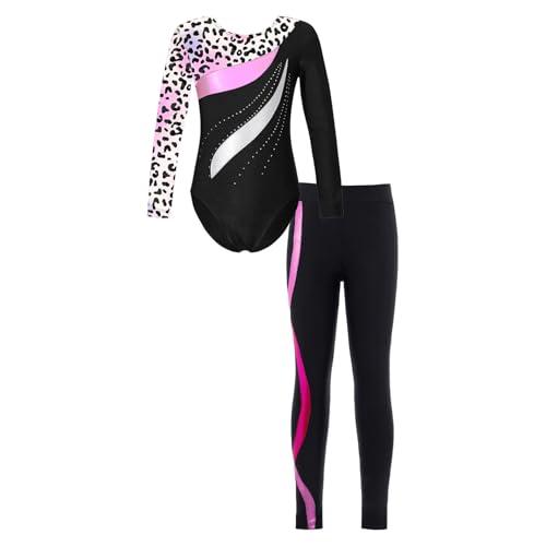 Freebily Body da Ginnastica Artistica Bambina con Leggings Sportivi Strass Leotard a Maniche Lunghe Abito da Danza Classica Moderna Jazz Tuta da Balletto Ballo Latino Leopard&hot Pink 7-8 anni