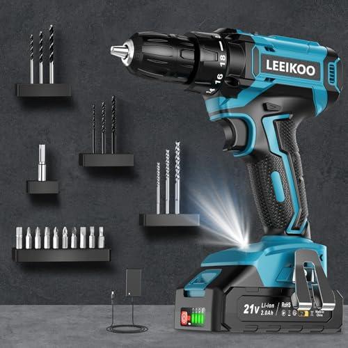Trapano Avvitatore Batteria 21V, LEEIKOO Avvitatore Elettrico con Batteria da 2.0Ah, 42N.m di Coppia, 2 Velocità, 18+1 Coppia, 20 Accessori, Luce a LED, Per il fai da te, in Casa e Giardino